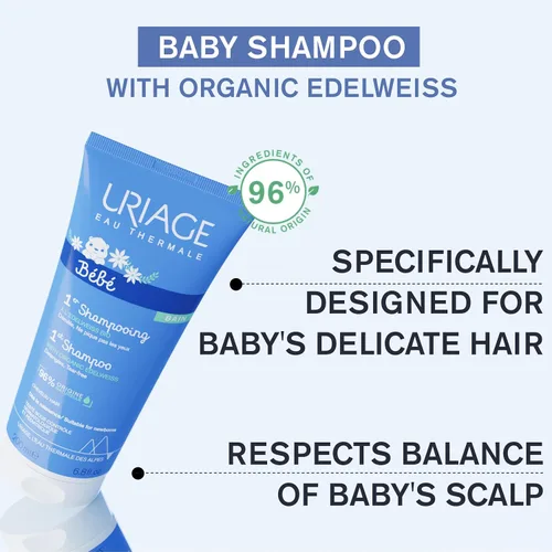 Miniatura 3 de Uriage Baby 1St Champú con Edelweiss orgánico, deja el cabello suave y flexible, respeta el equilibrio del cuero cabelludo del bebé, sin lágrimas