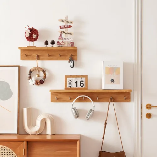 Miniatura 3 de Perchero de madera de roble con estante de 20 pulgadas de largo, 5 ganchos, estante flotante de pared de entrada para baño, pasillo, sala de estar