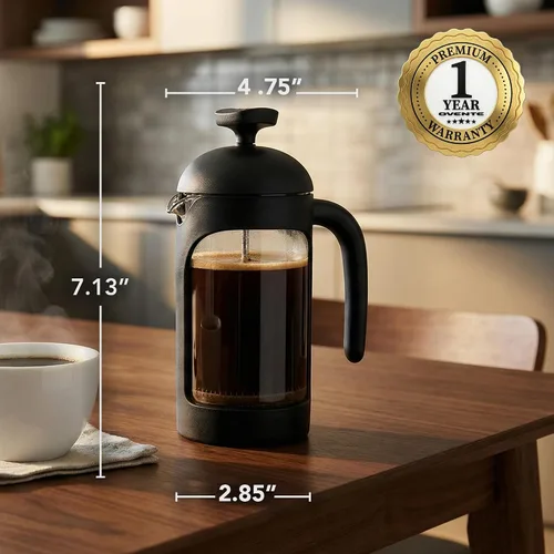 Miniatura 10 de OVENTE Cafetera de prensa francesa de 12 onzas con vidrio de borosilicato resistente al calor y sistema de filtración de acero inoxidable de 4