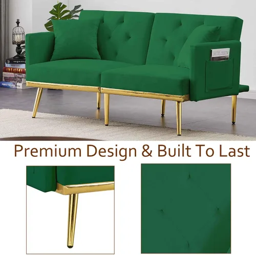 Miniatura 4 de Sofá cama futón convertible de 59 pulgadas, sofá decorativo, moderno sofá de tela de terciopelo con patas de metal y bolsillos de almacenamiento