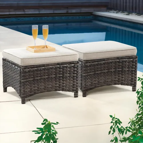 Juego de 2 otomanos para exteriores para patio, con marco de acero de mimbre de polietileno, reposapiés para exteriores con cojines de olefina Beige
