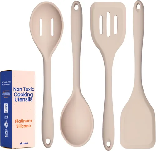 Juego de 4 utensilios de cocina de silicona de platino no tóxico – Cuchara y espátula de cocina antiarañazos, 100% libre de plástico, núcleo de