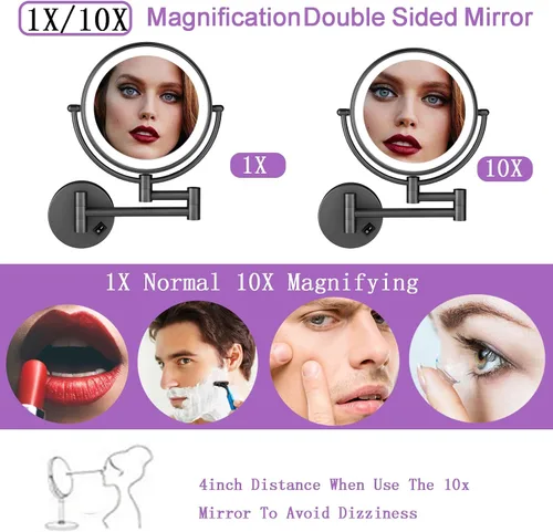 Miniatura 3 de Espejo de Maquillaje Montado en la Pared, Espejo de Tocador, 1X/10X Aumento Espejo CosméTico, 8 Pulgad Espejo de Maquillaje, RotacióN de 360° Negro