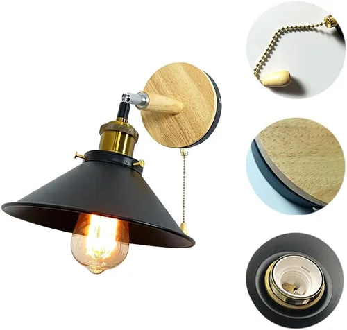 Miniatura 4 de Juego de 2 apliques de pared Vintage Negros, con Base de Madera de 1 luz, interruptor de cadena y diseño cónico. Ideal para mesilla de Noche, sala