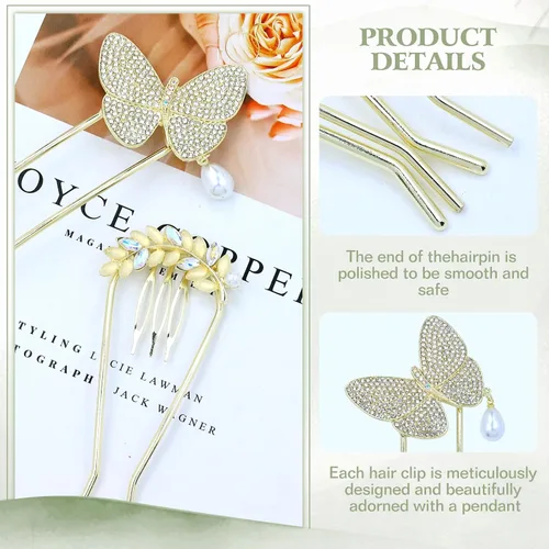 Miniatura 8 de Lawie Paquete de 10 horquillas de metal dorado en forma de U, con forma de mariposa, palillos curvados para palos de pelo con colgantes, horquillas