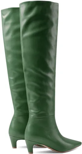 Miniatura 3 de MOOMMO Botas altas de tacón de gatito sobre la rodilla para mujer, punta cuadrada, de cuero mate, de meter de pantorrilla ancha, plisadas, tacón