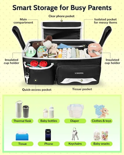 Miniatura 5 de YOREPEK Organizador de cochecito espacioso para UPPAbaby Vista/Minu/Cruz, organizador ajustable con 2 portavasos aislados, bolsa de cochecito fácil