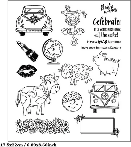 Miniatura 2 de Sellos transparentes de cumpleaños de animales salvajes para diarios de arte o hacer tarjetas, mono, cerdo, oveja, vaca, autobús, sellos de goma