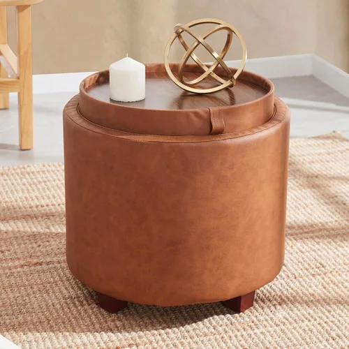 Ornavo Home Lawrence Otomana Redonda de Almacenamiento con Tapa Desmontable y Mesa de Café con Bandeja, Otomana con Almacenamiento para Sala de