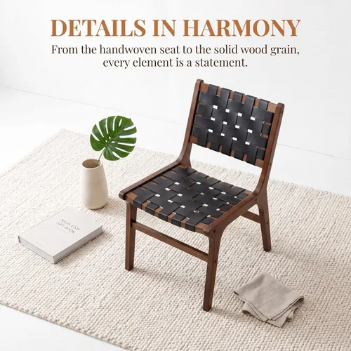Miniatura 5 de Woven Leather Dining Chairs Set of 4, Mid Century Modern Solid Wood Dining Room Chairs with Handwoven Leather Strap Seat, Armless Kitchen Side