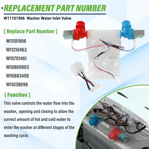 Miniatura 4 de W11101906 w10869803 ntw4516fw3 Válvula de entrada de agua de lavado compatible con whirl-pool, ama-na, cro-sley Washer NTW4655EW1 NTW4665GW0