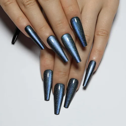 Miniatura 12 de Uñas postizas a presión largas, con brillo azul y diseño, acabado acrílico brillante, de cobertura completa, uñas postizas reutilizables para l002