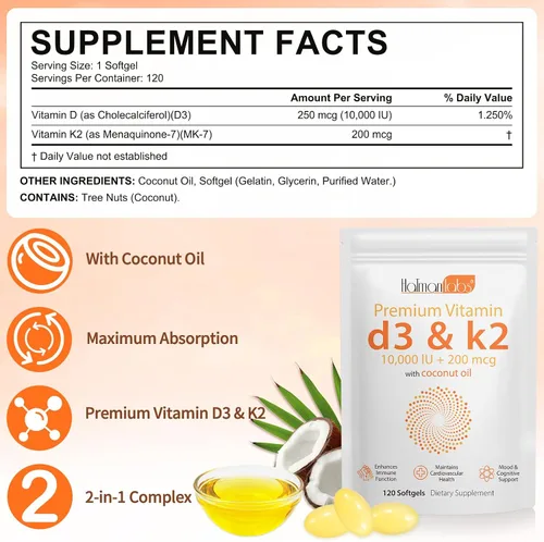 Miniatura 2 de 2 Bolsas de Suplemento de Vitamina D3 K2 en Cápsulas Blandas, Cápsulas Blandas de Vitamina D3 K2 con 10000 UI Apoyan la Salud del Sistema Inmune