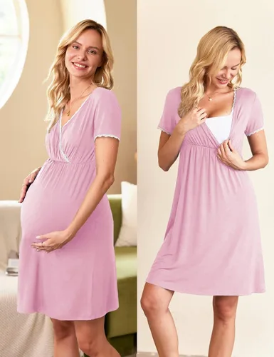 Miniatura 2 de Ekouaer - Camisón de dormir de manga corta 3 en 1 para mujer, plisado, para lactancia, parto y maternidad, tallas S-XXL