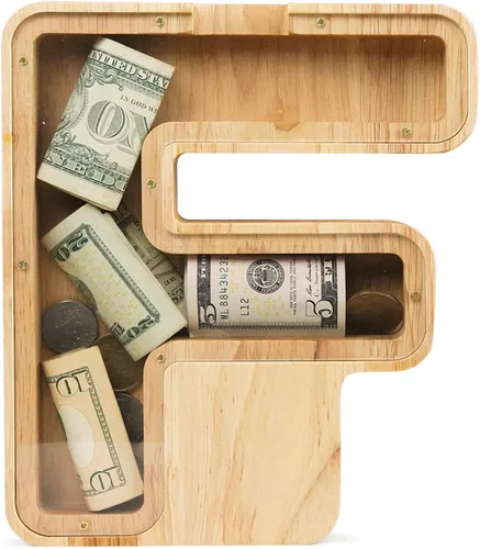 WOOD CITY Alcancía con letras para adultos, niños y niñas, de madera de 9 pulgadas, caja de dinero personalizada grande de 9 pulgadas, nombre