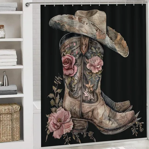 Miniatura 5 de Juego de 4 cortinas de ducha con gorro de bota con alfombras, cubierta para tapa de inodoro y tapete de baño, diseño de vaquero occidental