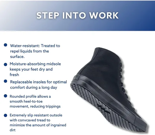 Miniatura 5 de Shoes for Crews Pembroke, zapatos de trabajo unisex antideslizantes para hombre, mujer, tenis resistentes al agua, lona negra o cuero