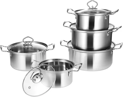 Kichvoe Juego de 5 ollas de acero inoxidable con tapas de vidrio, utensilios de cocina de inducción para uso en cocina, ollas de sopa de doble asa