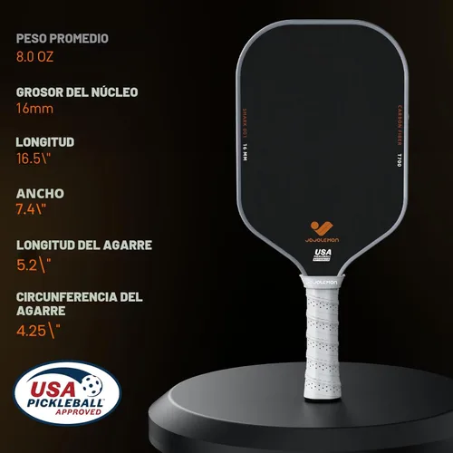 Miniatura 8 de JOJOLEMON Paletas de pickleball, pala de fibra de carbono con un núcleo de polímero Shark Power de 0.63 pulgadas, las raquetas de pickleball Gris