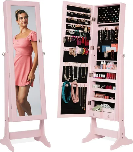 Best Choice Products Armario de joyería y organizador de maquillaje en espejo de pie de cuerpo completo, con cerradura y forro de terciopelo, 3