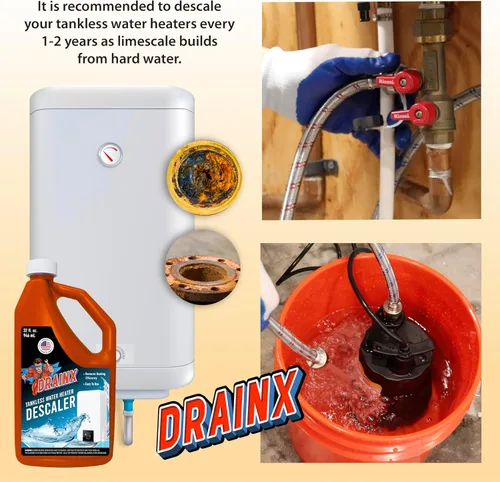 Miniatura 8 de DrainX Kit de lavado de calentador de agua sin tanque con solución descalcificadora líquida ecológica, mangueras de acero, bomba extra fuerte de 1/6