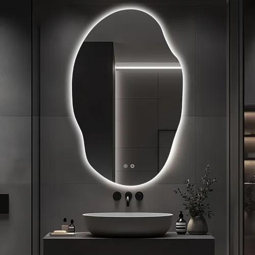 Miniatura 11 de Espejo de Baño LED Irregular con Luces, Espejo de Tocador de Baño LED Asimétrico para Pared con Retroiluminación, Antivaho, 3 Colores y Luz