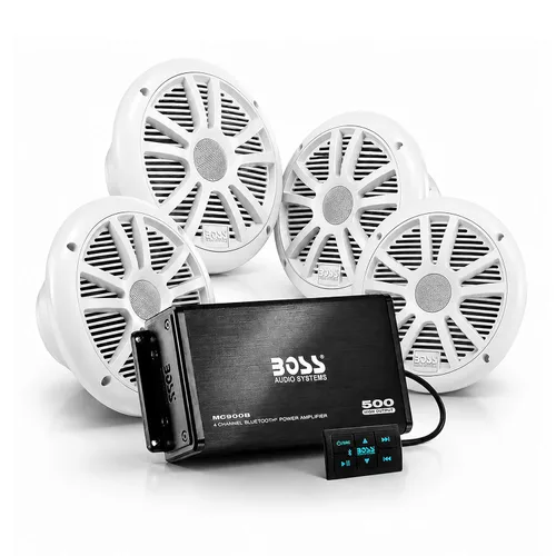 BOSS Audio Systems ASK904B.64 Marine Boat - Altavoces de 6.5 pulgadas y amplificador de 4 canales, 500 de alto rendimiento, control remoto
