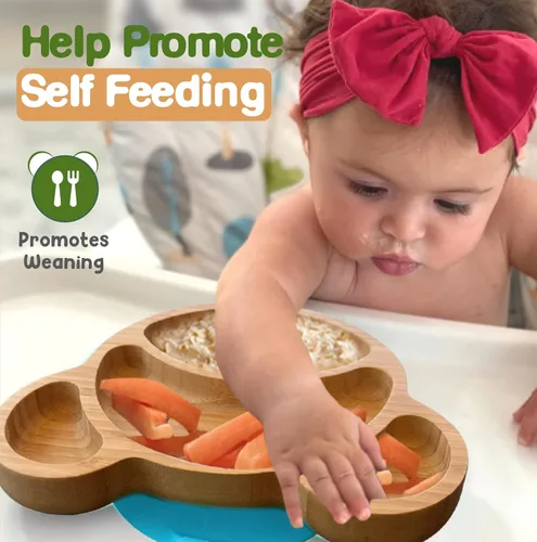 Miniatura 4 de Platos de bambú para niños - Platos para bebés y niños pequeños con succión para alimentación y destete, diseño de oso ecológico que promueve