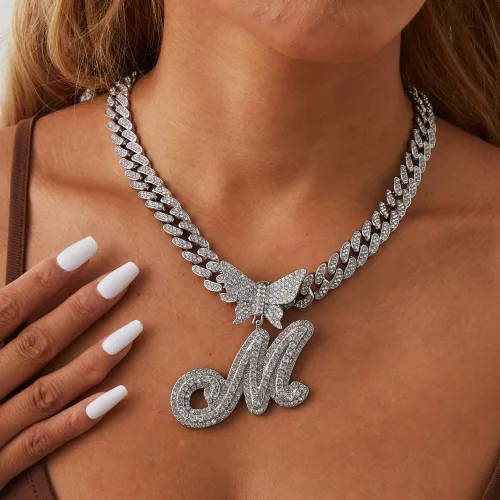 Miniatura 2 de Cadena de eslabones cubanos de plata para mujeres y hombres, letra inicial personalizada, collar personalizado, collar de diamantes de cadena