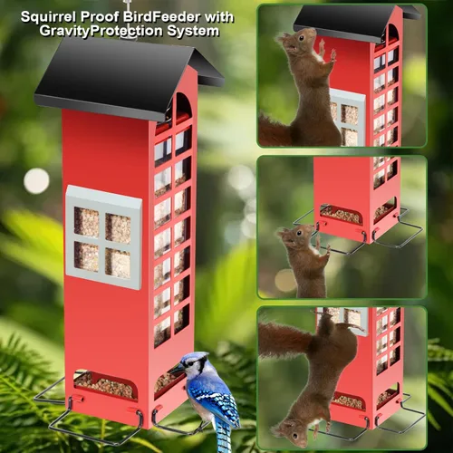 Miniatura 3 de Comederos para pájaros a prueba de ardillas, para colgar al aire libre, con puertos activados por peso, tubo cardenal de metal, comedero de semillas