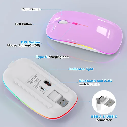 Miniatura 8 de ratón LED inalámbrico - ratón RGB recargable Bluetooth inalámbrico para MacBook Pro Air Mac iPad PC portátil, ratón óptico silencioso USB C