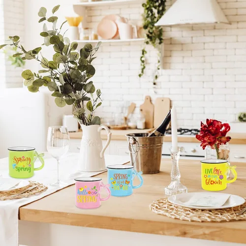 Miniatura 7 de Whaline 4 mini tazas de café de primavera con cinta a cuadros, diseño de flores de dibujos animados, mariposa, mini taza para beber, bandeja