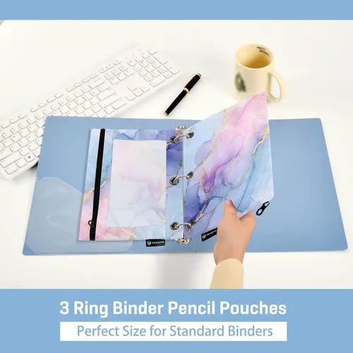 Miniatura 5 de SHJI Bolsas para carpetas, bolsa de lápices de mármol rosa y azul para carpeta de 3 anillas, paquete de 2 bolsas transparentes con cremallera