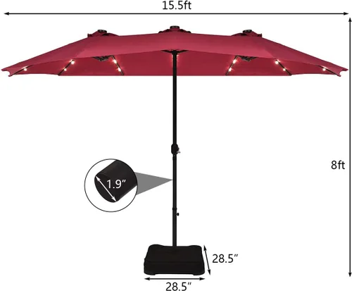 Miniatura 5 de Tangkula Sombrilla solar de patio de 15 pies con base, sombrilla individual extragrande de doble cara para exteriores con 36 luces LED y mango