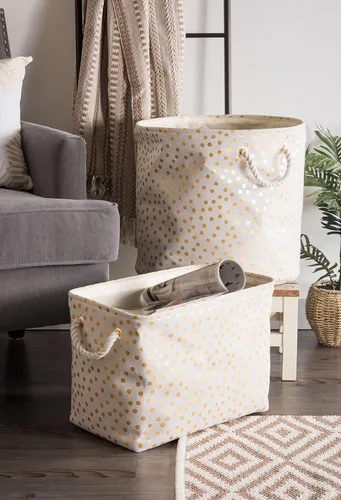 Miniatura 6 de DII Contenedor de almacenamiento de poliéster, colección metálica dorada plegable con asas, grande y redondo, color blanco hueso natural Blanquecino