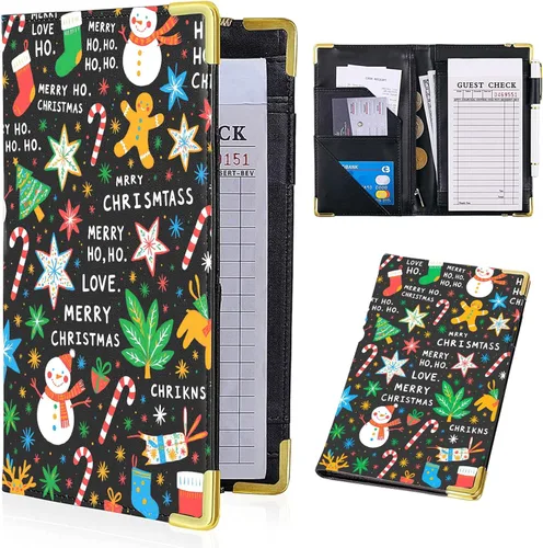 Libros de servidor para mesera - Cartera de cuero PU marrón con bolsillo con cierre, motivo navideño; lindo organizador para meseros con bolsillo