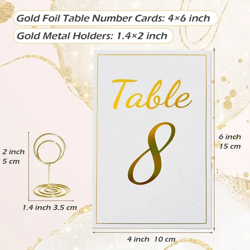 Miniatura 3 de Tarjetas de números de mesa doradas con soportes, 1-30 tarjetas de lugar doradas con soportes, número de mesa de doble cara de 4 x 6 para boda
