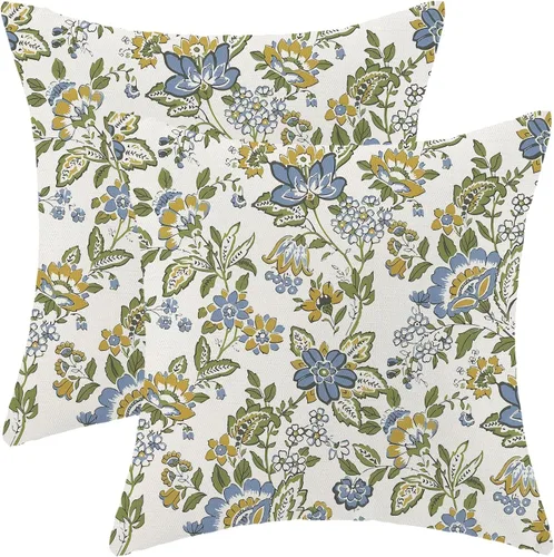 Miniatura 15 de AEIOAE Fundas de Almohada de Primavera de 16x16 Pulgadas Juego de 2, Azul Marino Aguamarina Verde Azulado Vintage con Flores y Pájaros Fundas