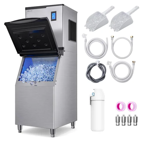 Miniatura 10 de Coolake Máquina comercial para hacer hielo de 200 libras/24 horas con contenedor de almacenamiento de 50 libras, máquina de hielo de acero