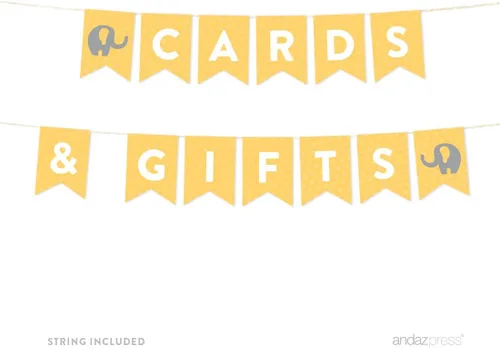 Andaz Press Colección de elefante neutro de género amarillo y gris, pancarta colgante con cuerda, tarjetas y regalos, 5 pies, 1 juego, decoración de