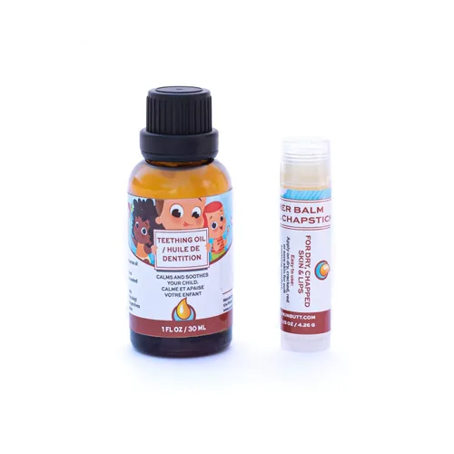Punkin Butt Paquete de aceite de dentición para bebés y bálsamo labial para aliviar el dolor de encías y labios agrietados, todo natural, orgánico,