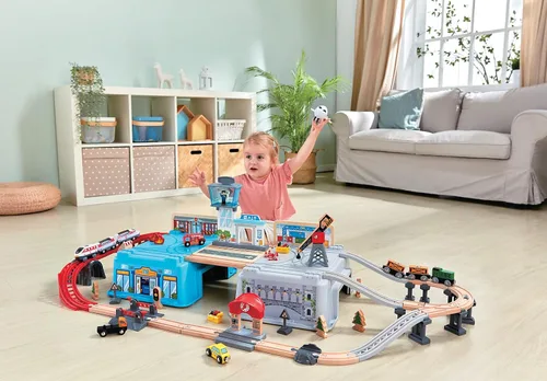 Miniatura 2 de Hape Super Cityscape - Juego de cubos de transporte Juego de tren de juguete de madera con escenas de la ciudad, avión, motor a batería