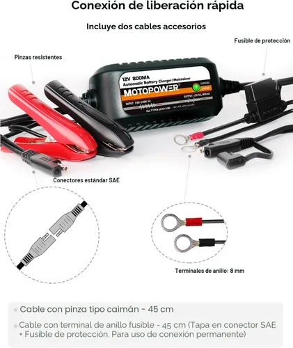 Miniatura 8 de MOTOPOWER MP00205C 12V 800mA Cargador de batería automático, mantenedor de batería, cargador de goteo y desulfatador de batería