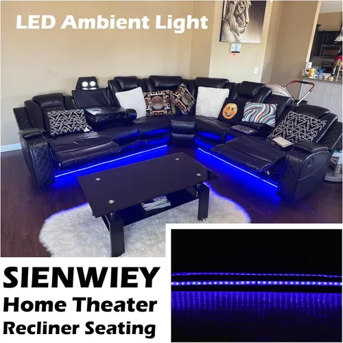 Miniatura 7 de Sofá Seccional Reclinable Eléctrico, Sofá Modular Seccional Reclinable de Cuero Negro, Sofá de Cuero en Forma de L con Luces LED/Cargador