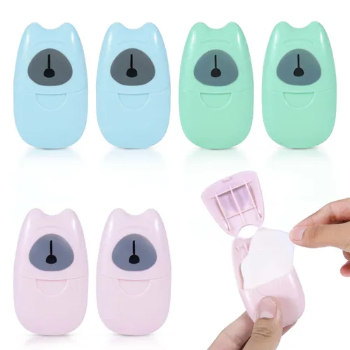 Miniatura 6 de KISEER 1 caja (50 hojas), mini hojas de papel de jabón portátil de viaje, desechables, para lavado de manos, baño, jabón de papel perfumado para Azul