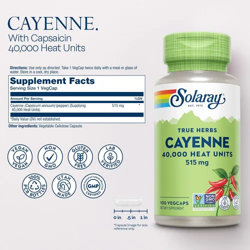 Miniatura 2 de Solaray Cayenne 40,000 unidades de calor - Suplemento de cápsula de pimienta de cayena para mujeres y hombres, 515 mg por cápsula, suplementos