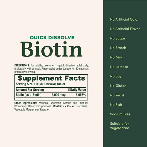 Miniatura 5 de Nature's Bounty Biotina, apoya el metabolismo para la energía celular y cabello, piel y uñas saludables, 5000 mcg, 60 tabletas de disolución rápida