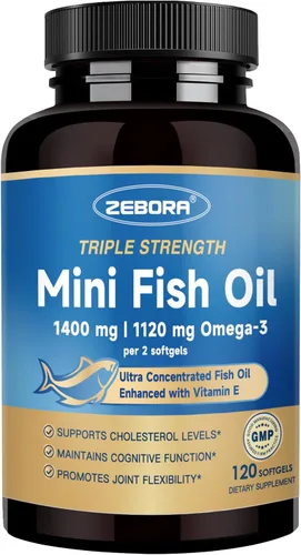 ZEBORA Aceite de pescado Mini Omega 3 de 1400 mg, alta potencia con vitamina E, apoyo para la salud del corazón, el cerebro y el sistema