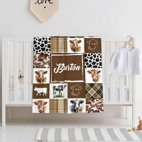 Miniatura 3 de Manta de bebé personalizada con estampado de vaca, nombre personalizado, manta de cumpleaños para recién nacido, manta de recepción para niño
