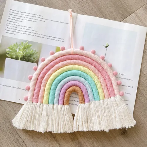 Miniatura 5 de Decoración grande de macramé para colgar en la pared, guirnalda de pompones hecha a mano, decoración de arco iris para habitación de niños, niñas
